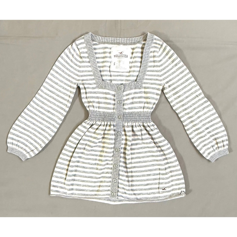 Y2K Hollister Grey White Striped Babydoll Cardigan Sweater Square Neck Small VTG